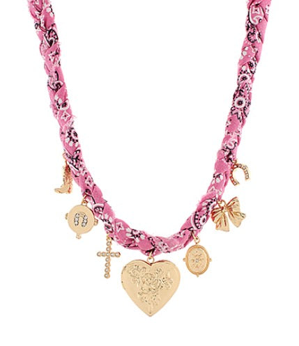 Heart & Multiple Charm Braided Pink Scarf Necklace