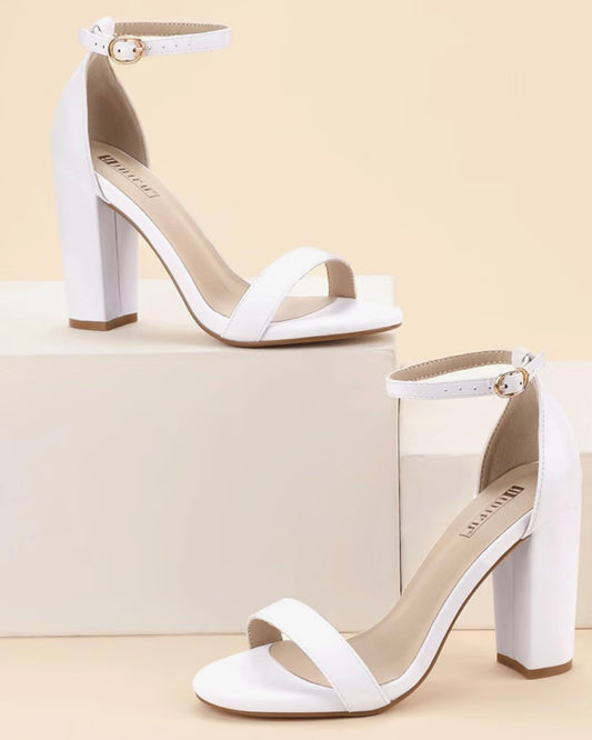 Women’s Chunky High Heel Sandals Open Toe Ankle Strap 4 Inch Heel - White