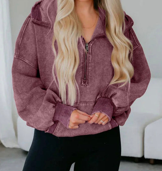 Mineral Wash Half Zip Kangaroo Pocket Hoodie