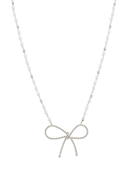 Silver Textured Bow & Pearl Chain Necklace