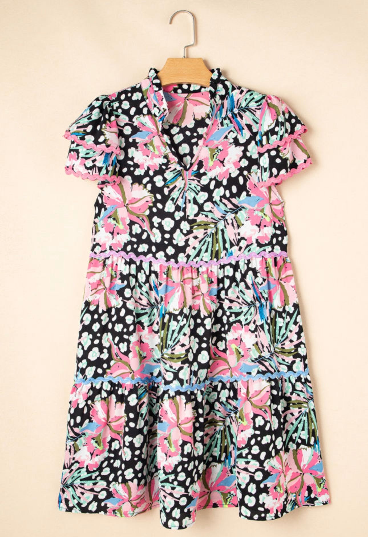 V Neck Floral Tiered Mini Dress