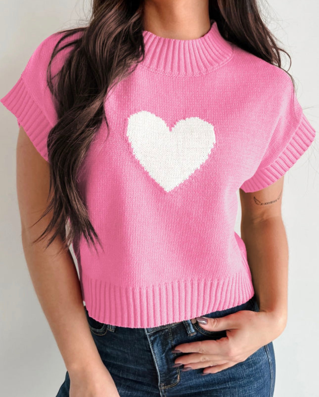 Pink Valentine Heart Graphic Cropped Short Sleeve Sweater