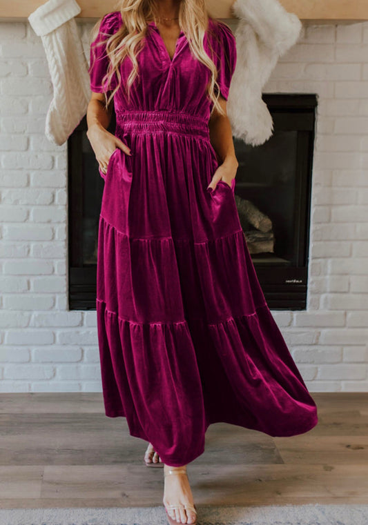 Red Dahlia Velvet Short Sleeve Shirred Waist Tiered Maxi Dress