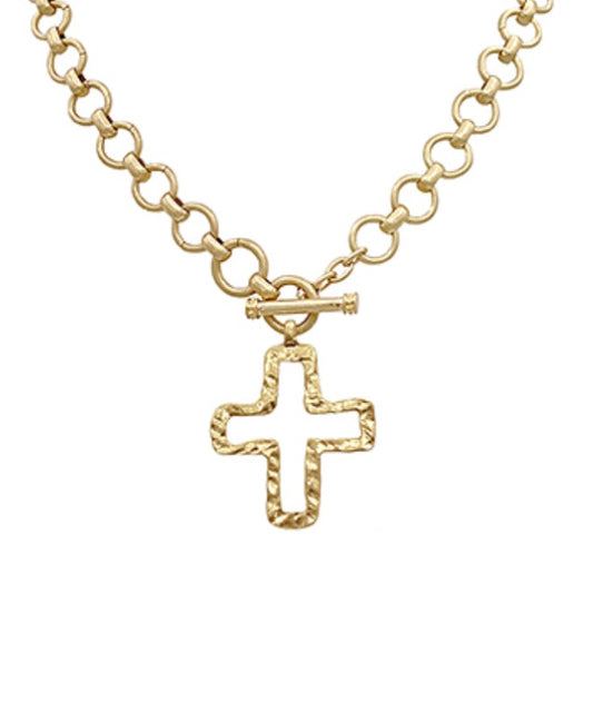 Hammered Outline Cross Necklace