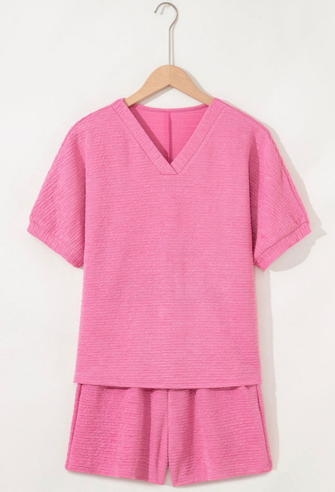 Pink Textured V Neck Matching Set