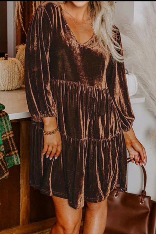 Chicory Coffee Velvet V Neck Long Sleeve Tiered Mini Dress