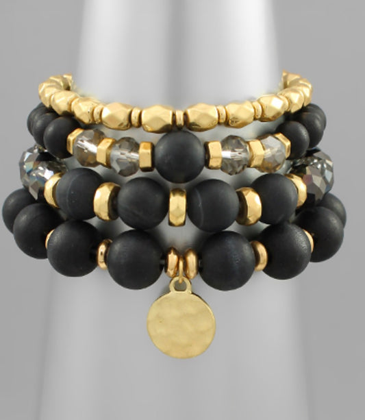 4 Row Stone & Wood Bead Bracelet