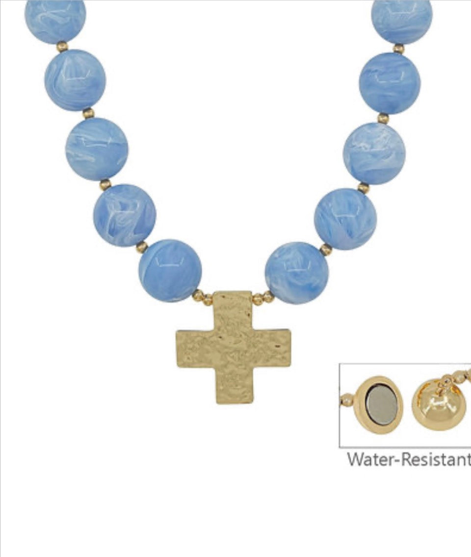 Beaded Cross Pendant Ball Necklace