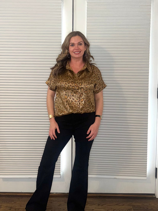 Gold Metallic Leopard Short Sleeve Button Up Top