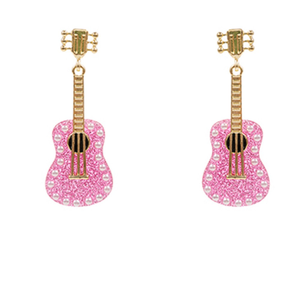 Pink & Gold Guitar Dangle Earrings