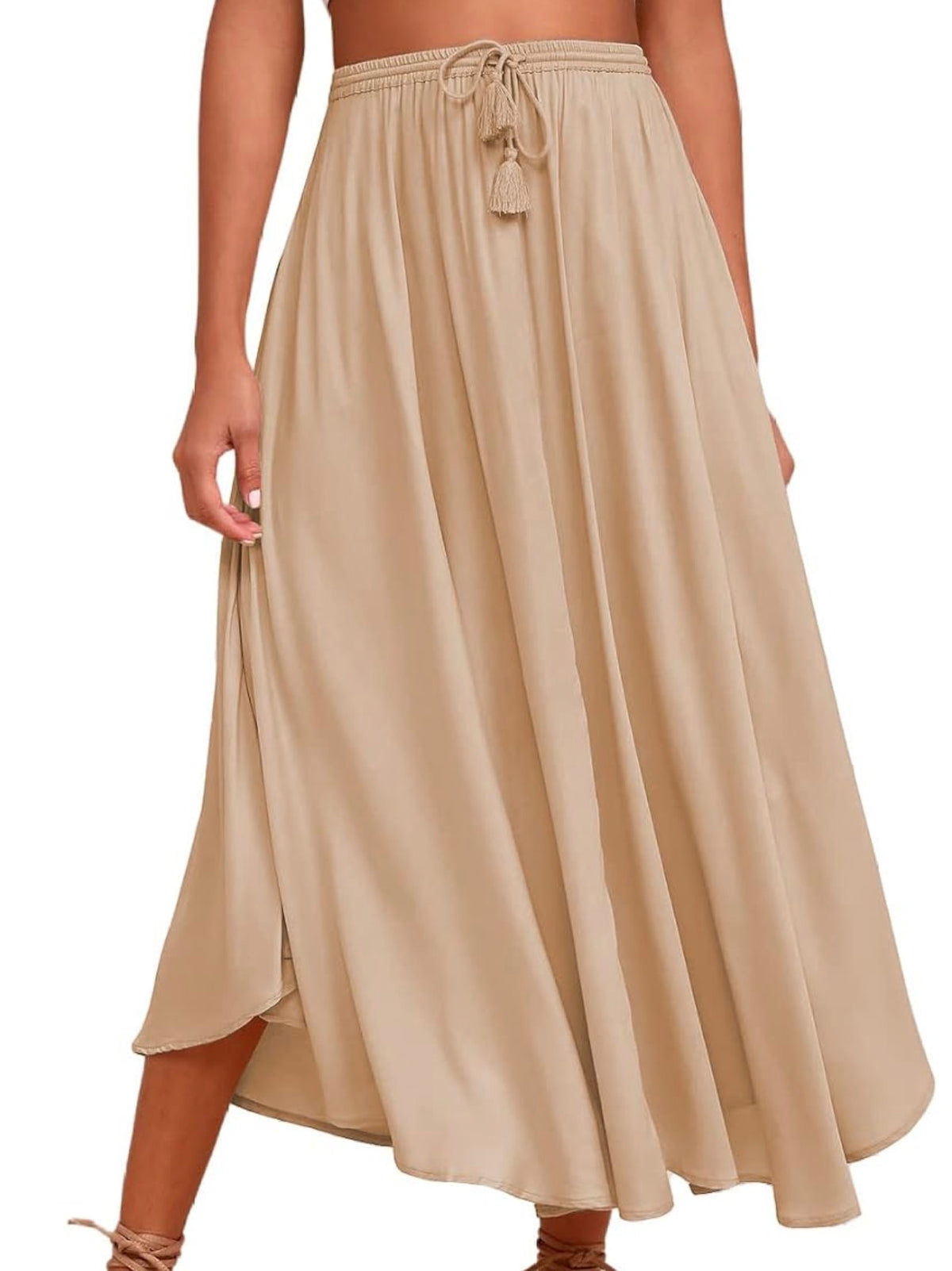 Womens Flowy Boho Pleated Skirts - Beige