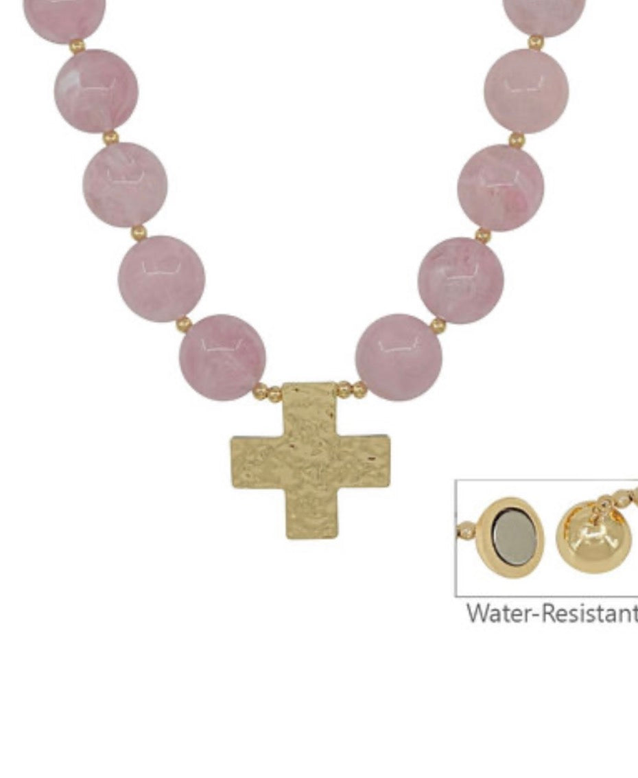 Beaded Cross Pendant Ball Necklace