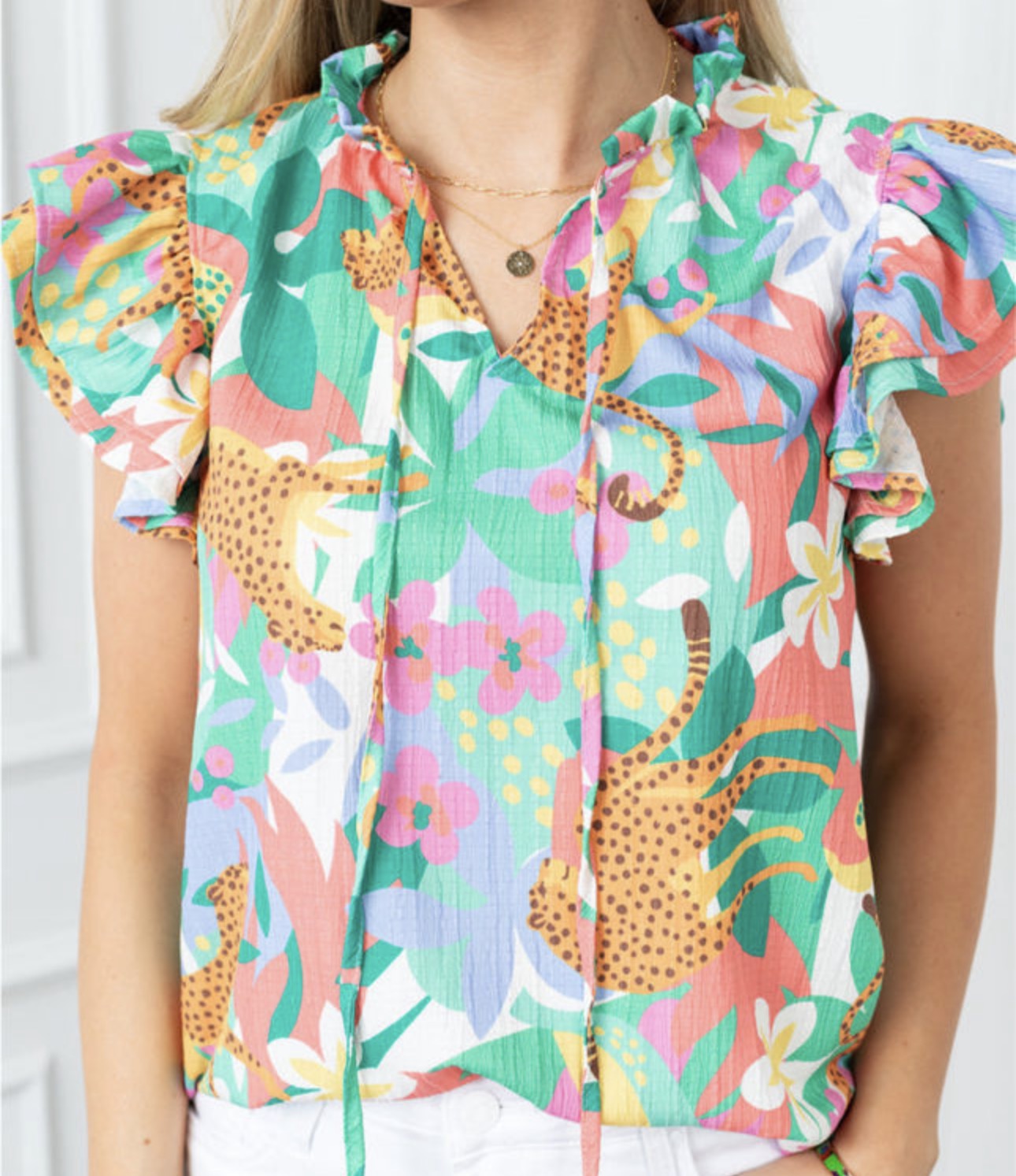 Green Frilly Ruffle Summer Floral Blouse