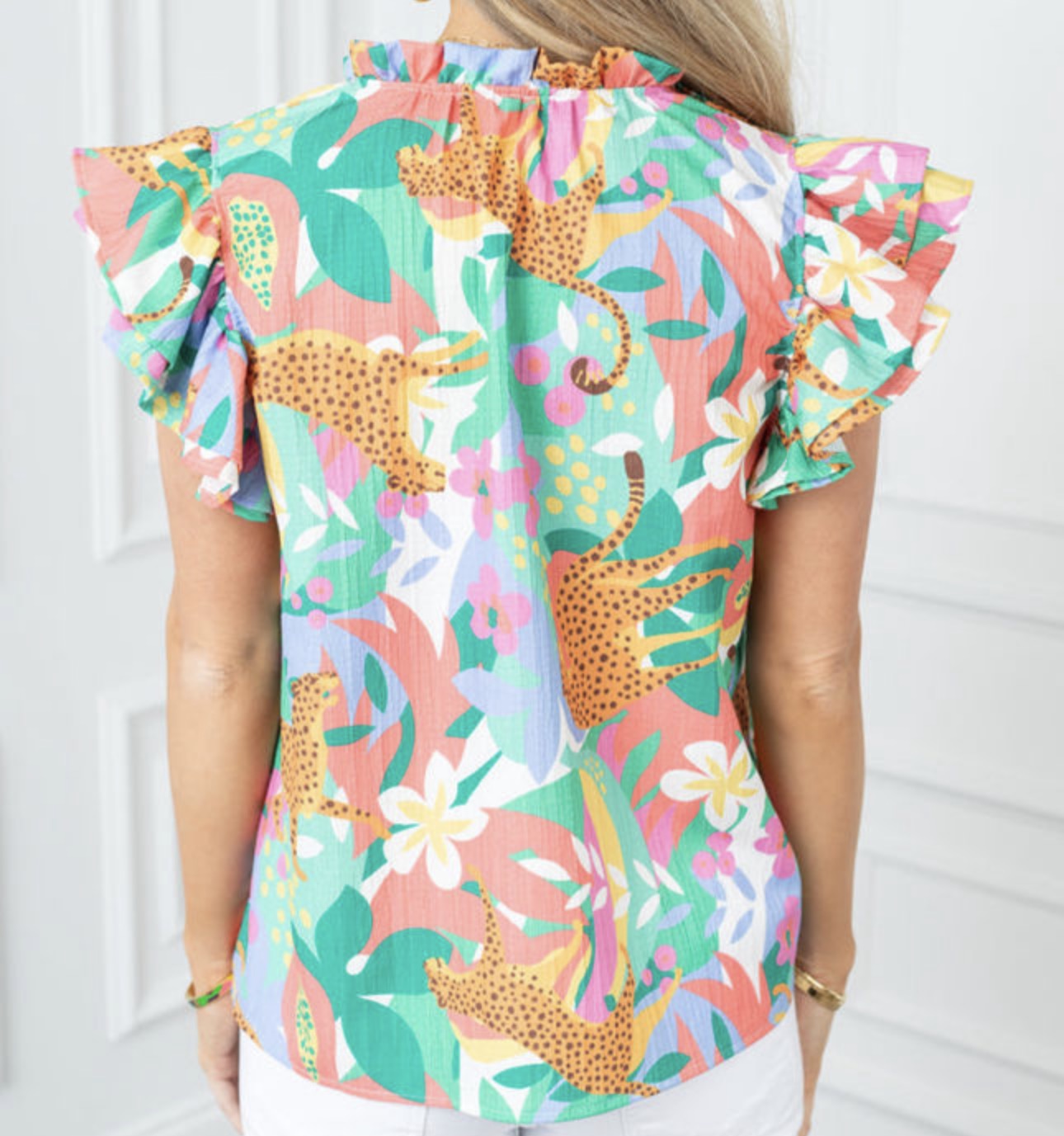 Green Frilly Ruffle Summer Floral Blouse