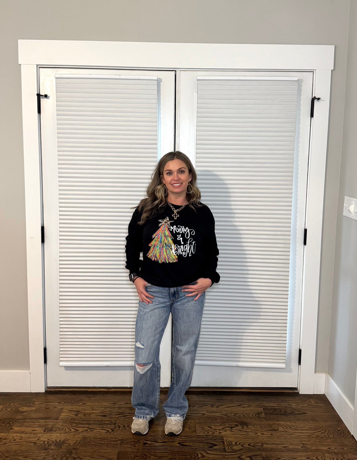 Black Merry & Bright Christmas Tree Graphic Sweatshirt