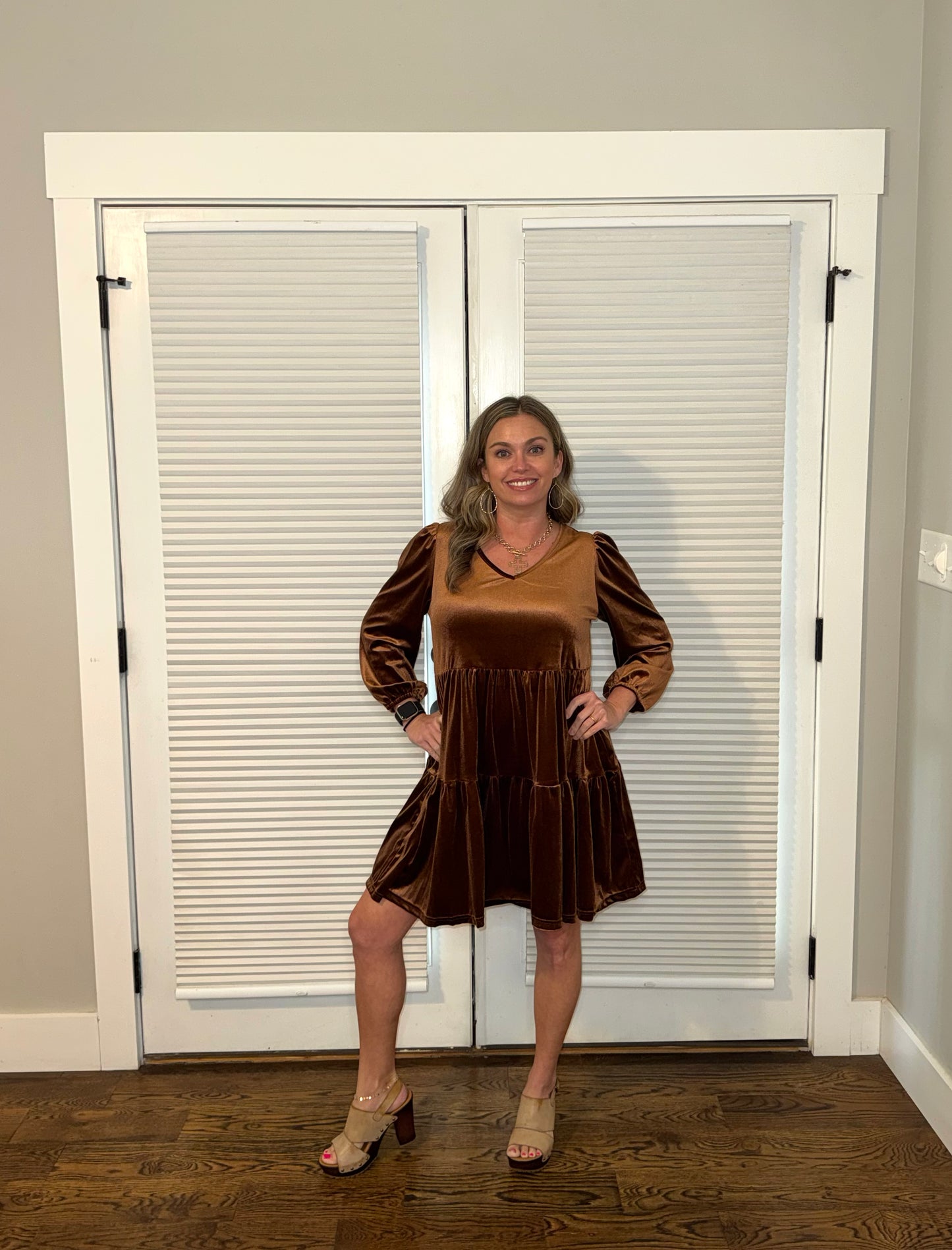 Chicory Coffee Velvet V Neck Long Sleeve Tiered Mini Dress