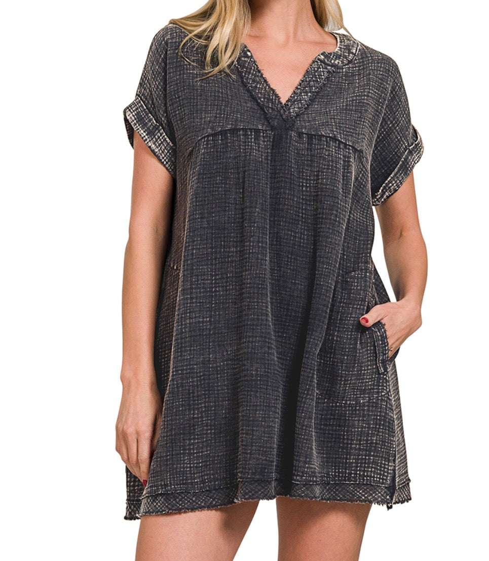 Washed Raw Hem V Neck Dress