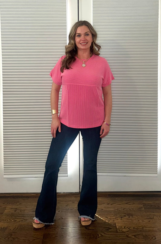 Pink Corded Knit Mock Neck Top