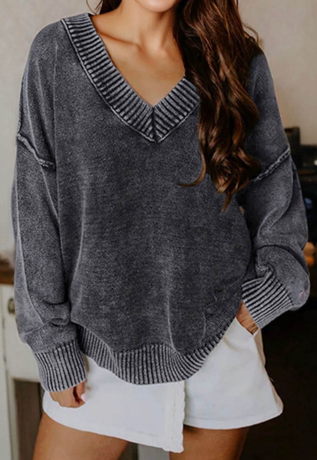 Mineral Wash V Neck Knit Exposed Seam Drop Shoulder Sweater