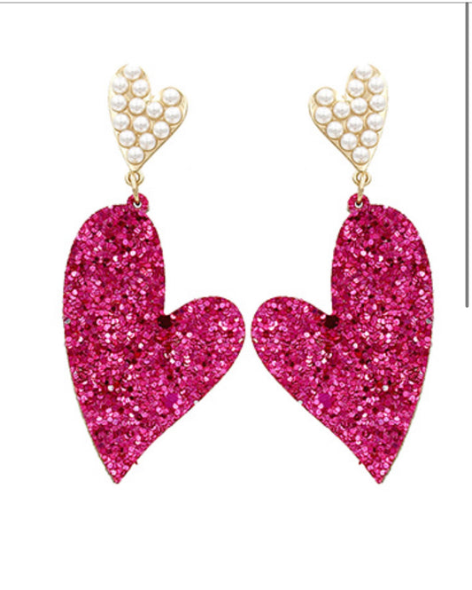 Pearl & Glitter Heart Tear Drop Earrings
