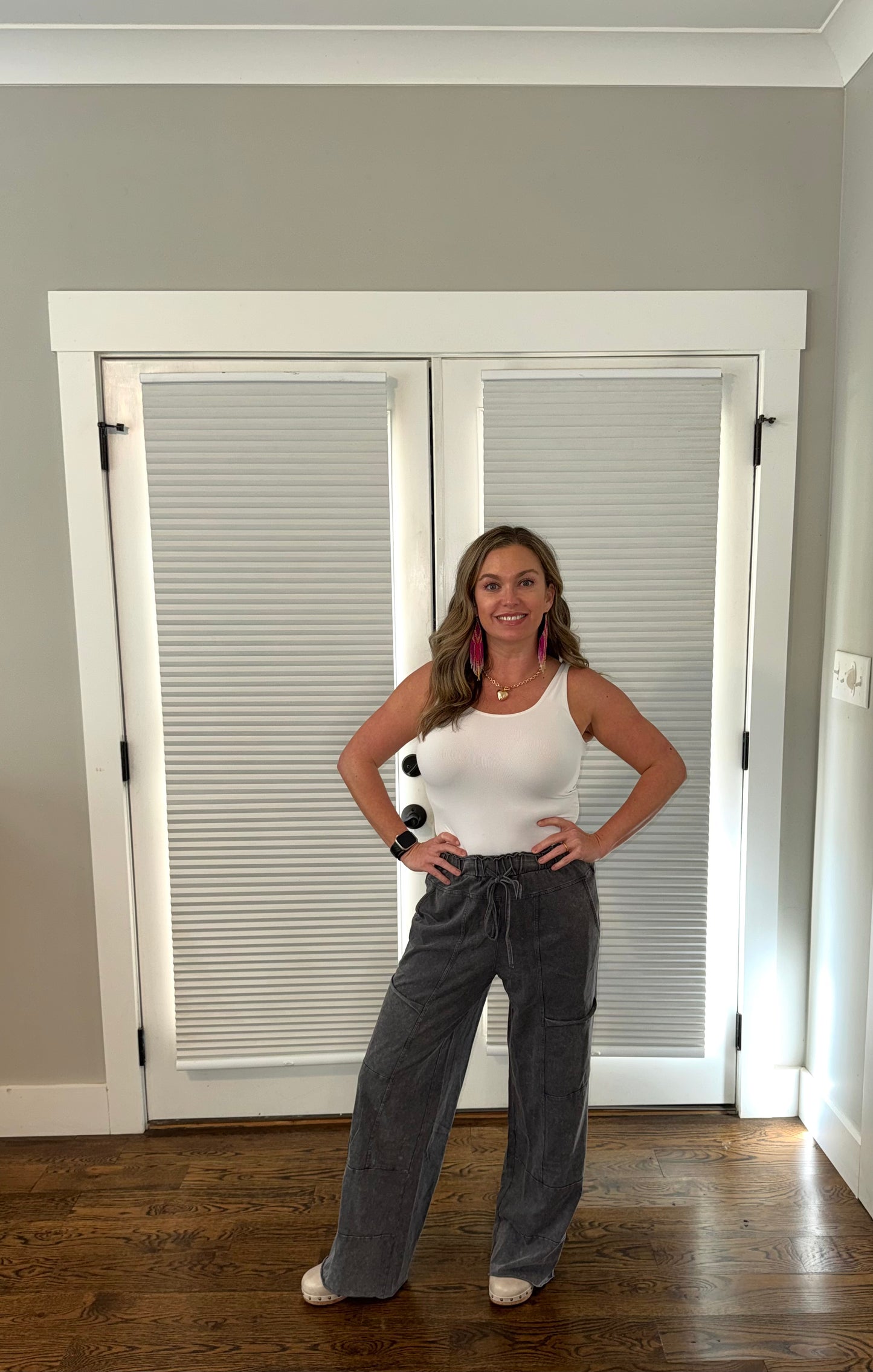 Medium Gray Mineral Wash Lace-up High Waist Raw Hem Patched Pocket Pants