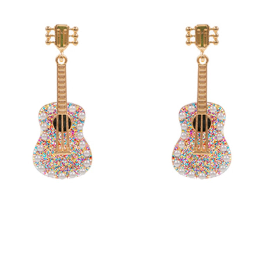 Glitter & Gold Guitar Earrings