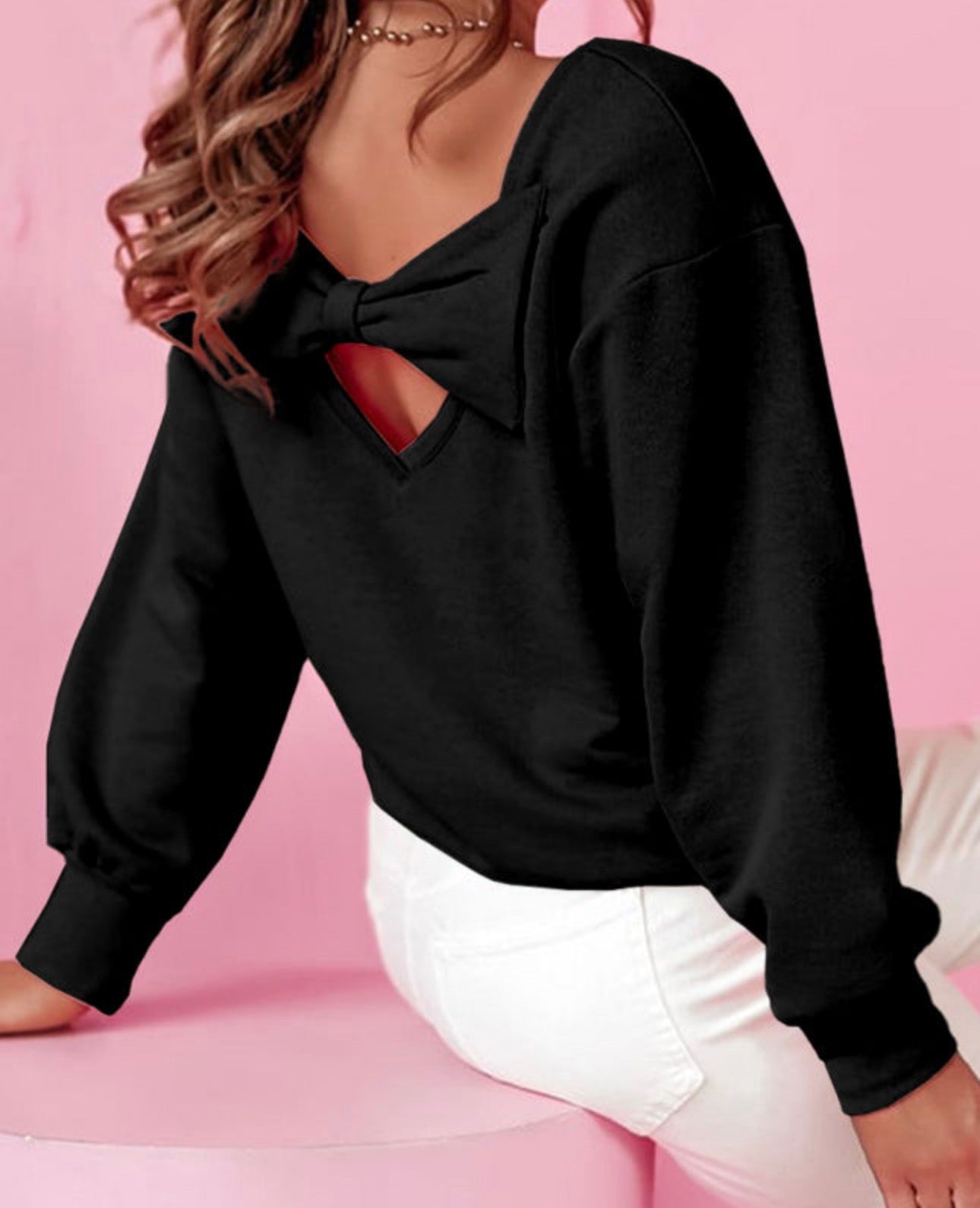 Black Bowknot Dewback Round Neck Sweatshirt