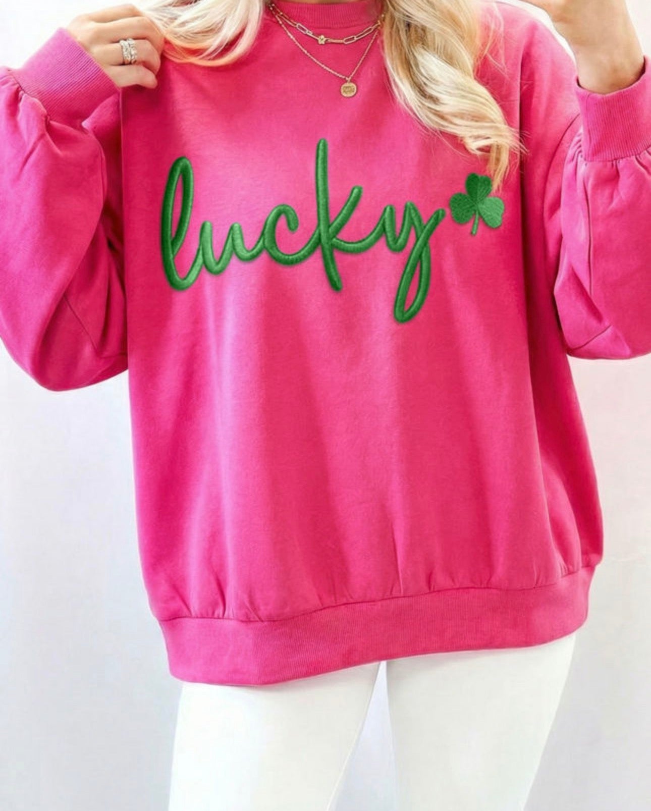 Hot Pink Lucky Clover Embroidered Oversized Sweatshirt