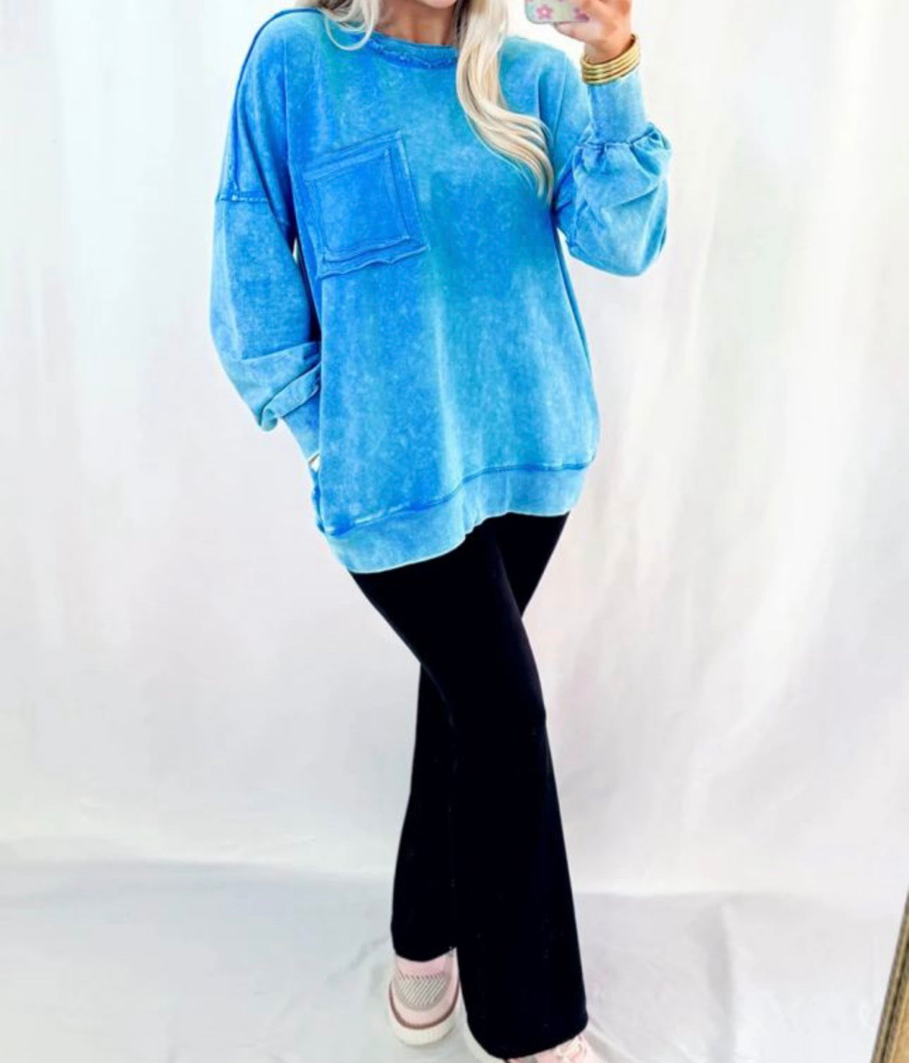 Blue Mineral Wash Raw Seam Double Patched Pocket Pullover Sweatshirt