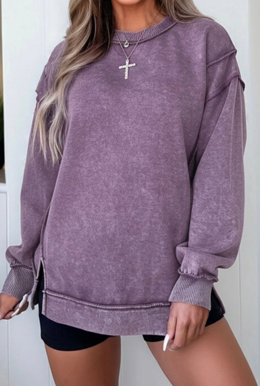 Purple Mineral Wash Exposed Seam Side Slit Oversized Sweatshirt