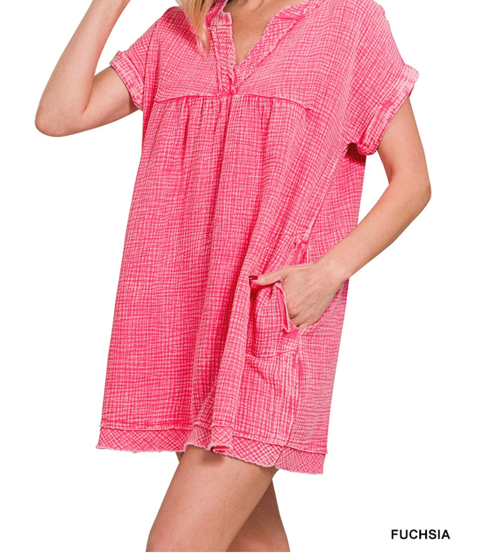 Washed Raw Hem V Neck Dress