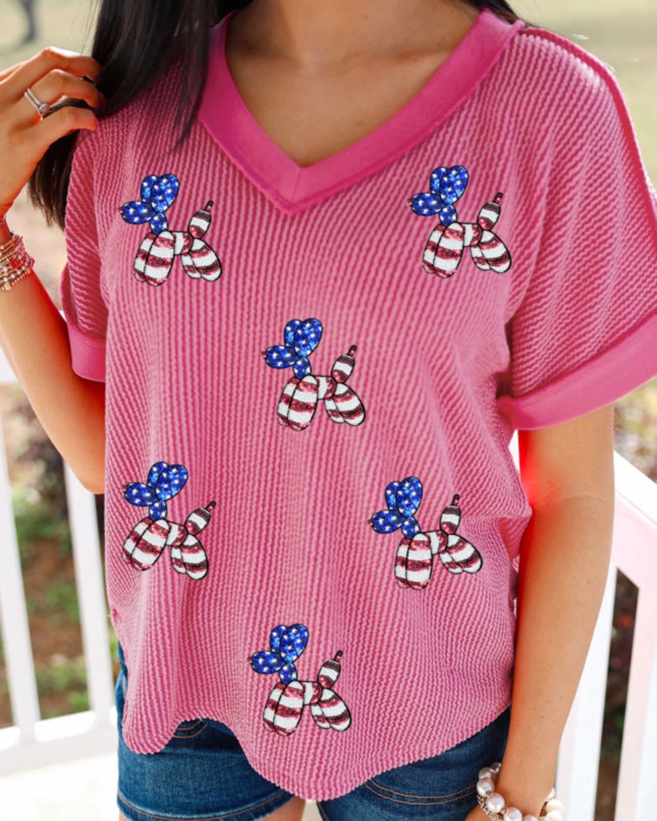 Pink Corded Sequin Balloon Dog V Neck Tee