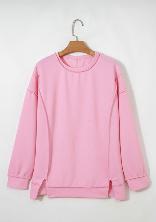 Pink Ribbed Exposed Seam Long Sleeve Pullover