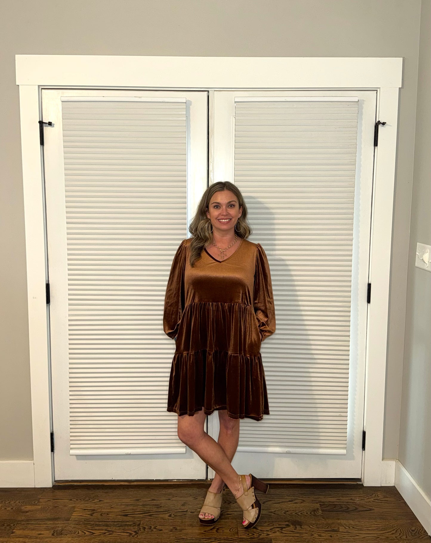 Chicory Coffee Velvet V Neck Long Sleeve Tiered Mini Dress