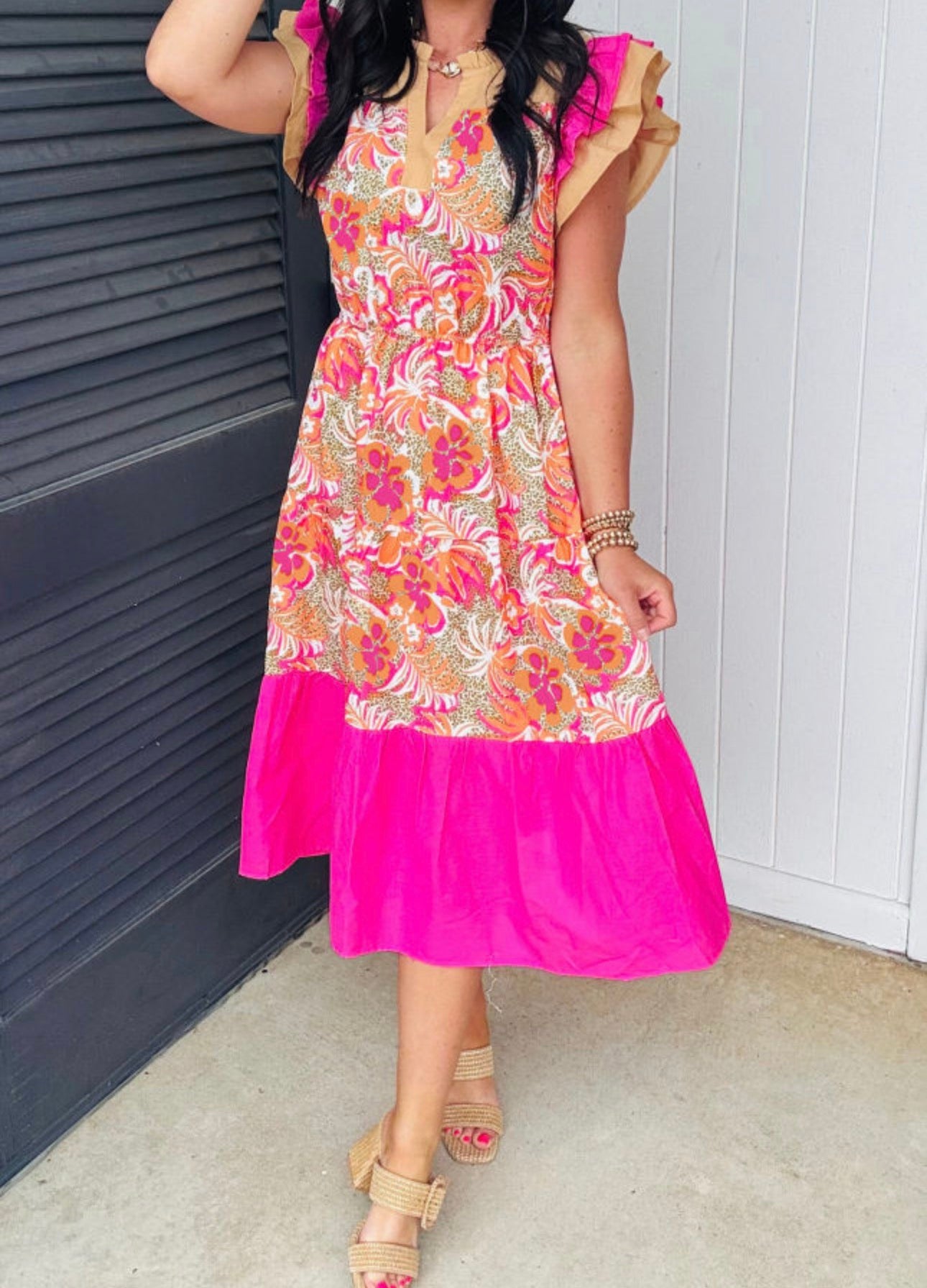 Rose Floral Print Midi Dress with Pockets