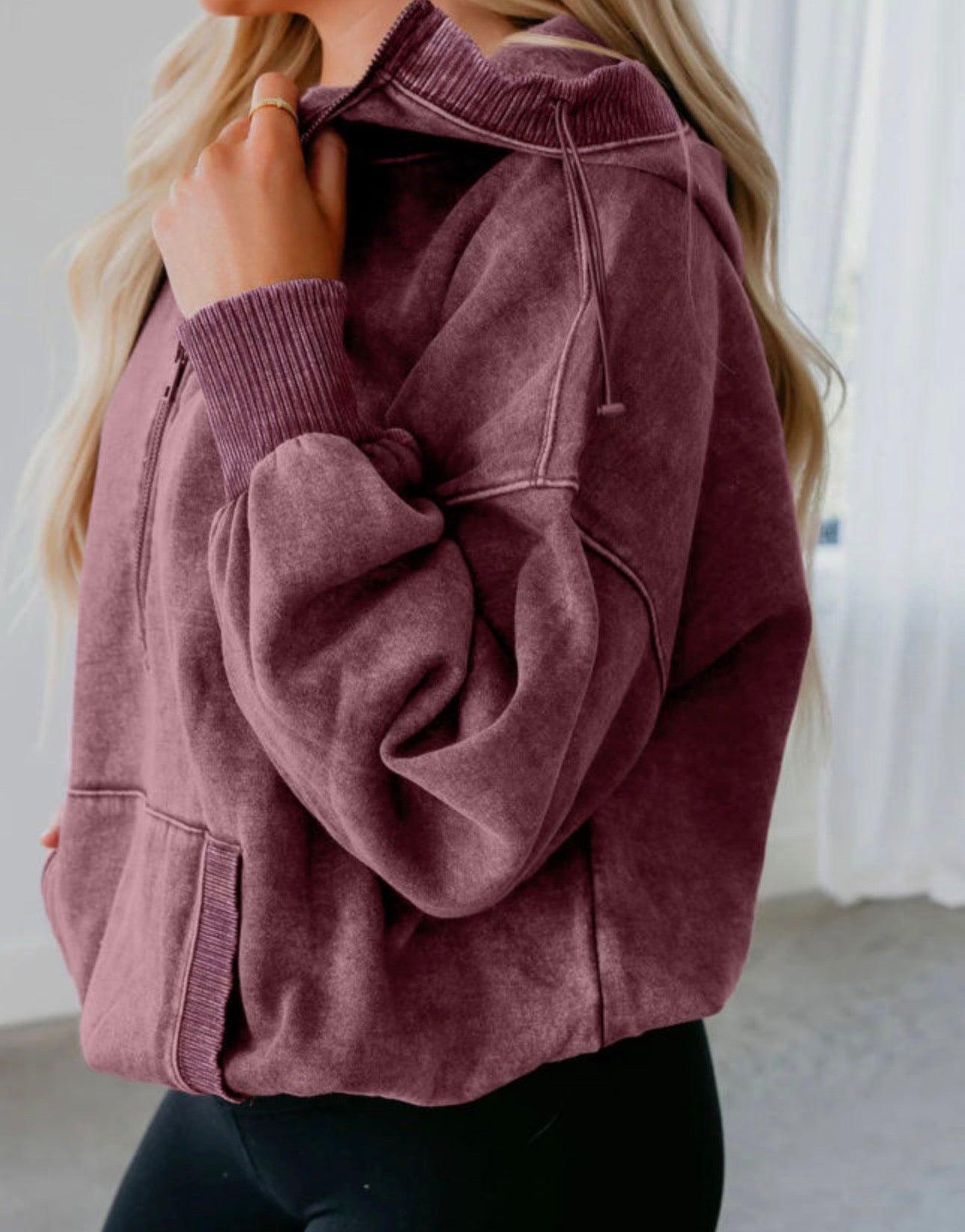 Mineral Wash Half Zip Kangaroo Pocket Hoodie