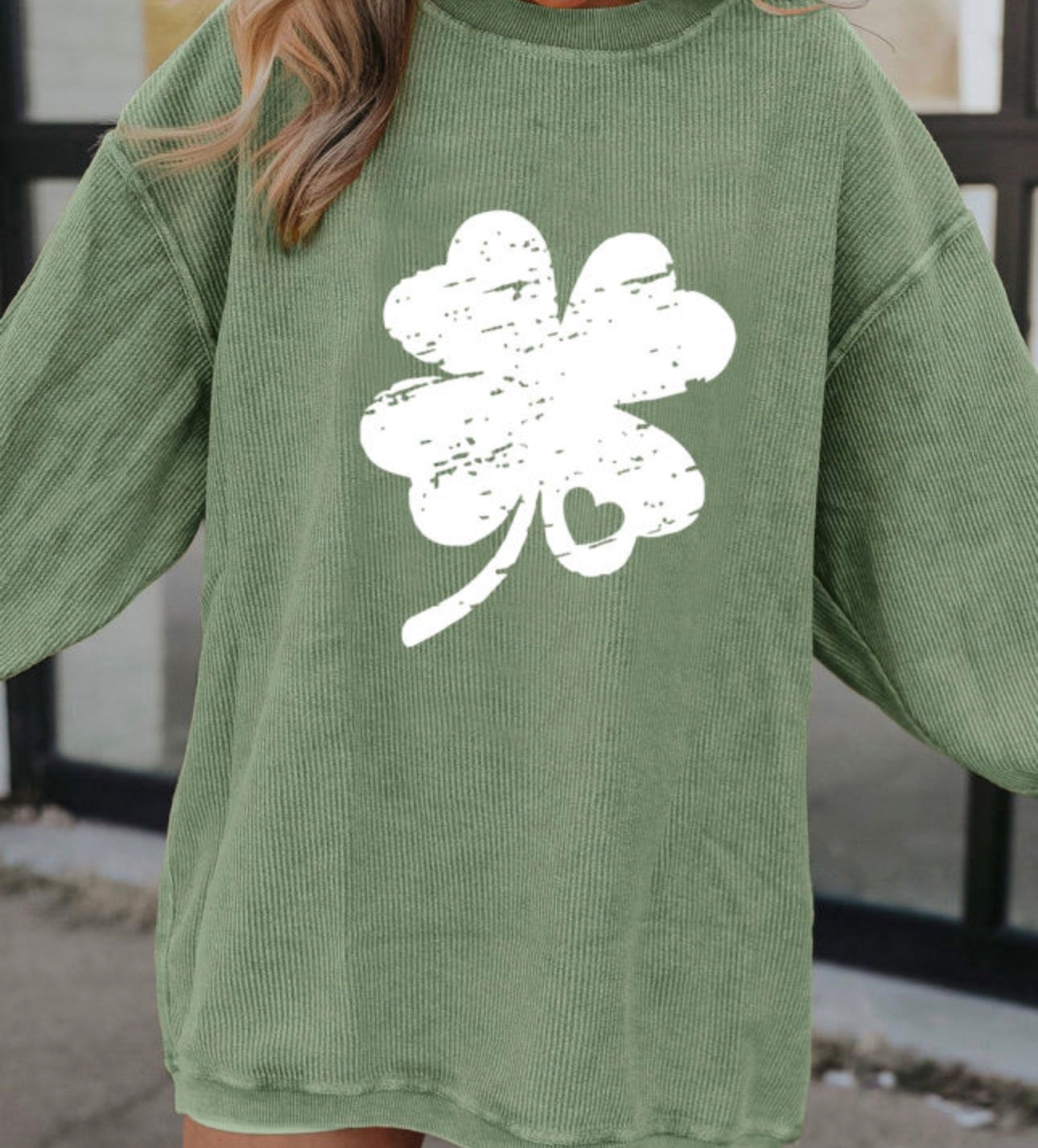 30% OFF - Green Corded Clover Print Saint Patrick’s Sweatshirt