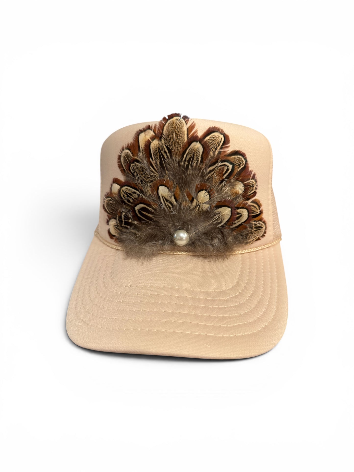 Beige Feather Trucker Hat