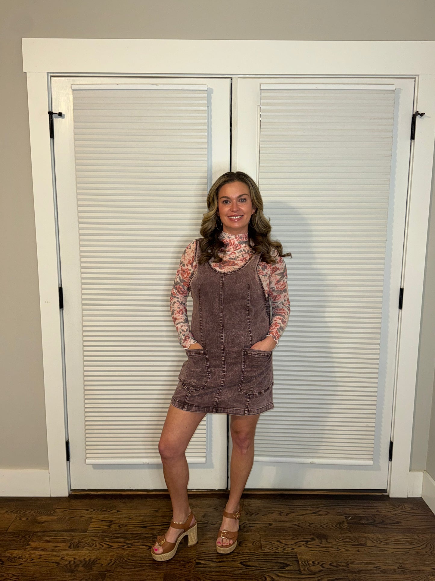 Vintage Washed Denim V Neck Suspender Mini Dress