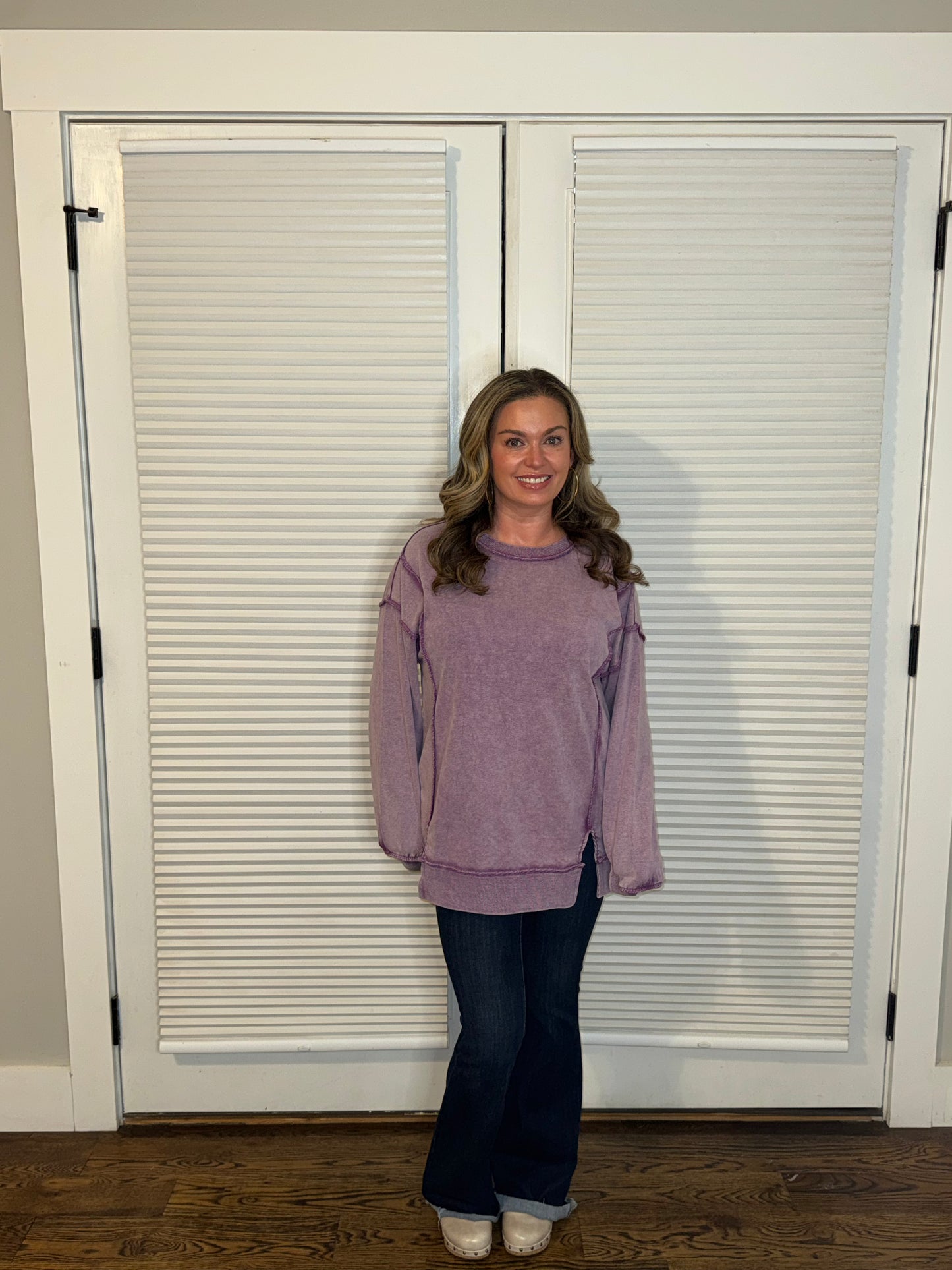 Purple Mineral Wash Exposed Seam Side Slit Oversized Sweatshirt