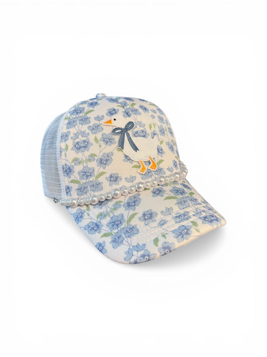 Blue Floral Goose Trucker Hat