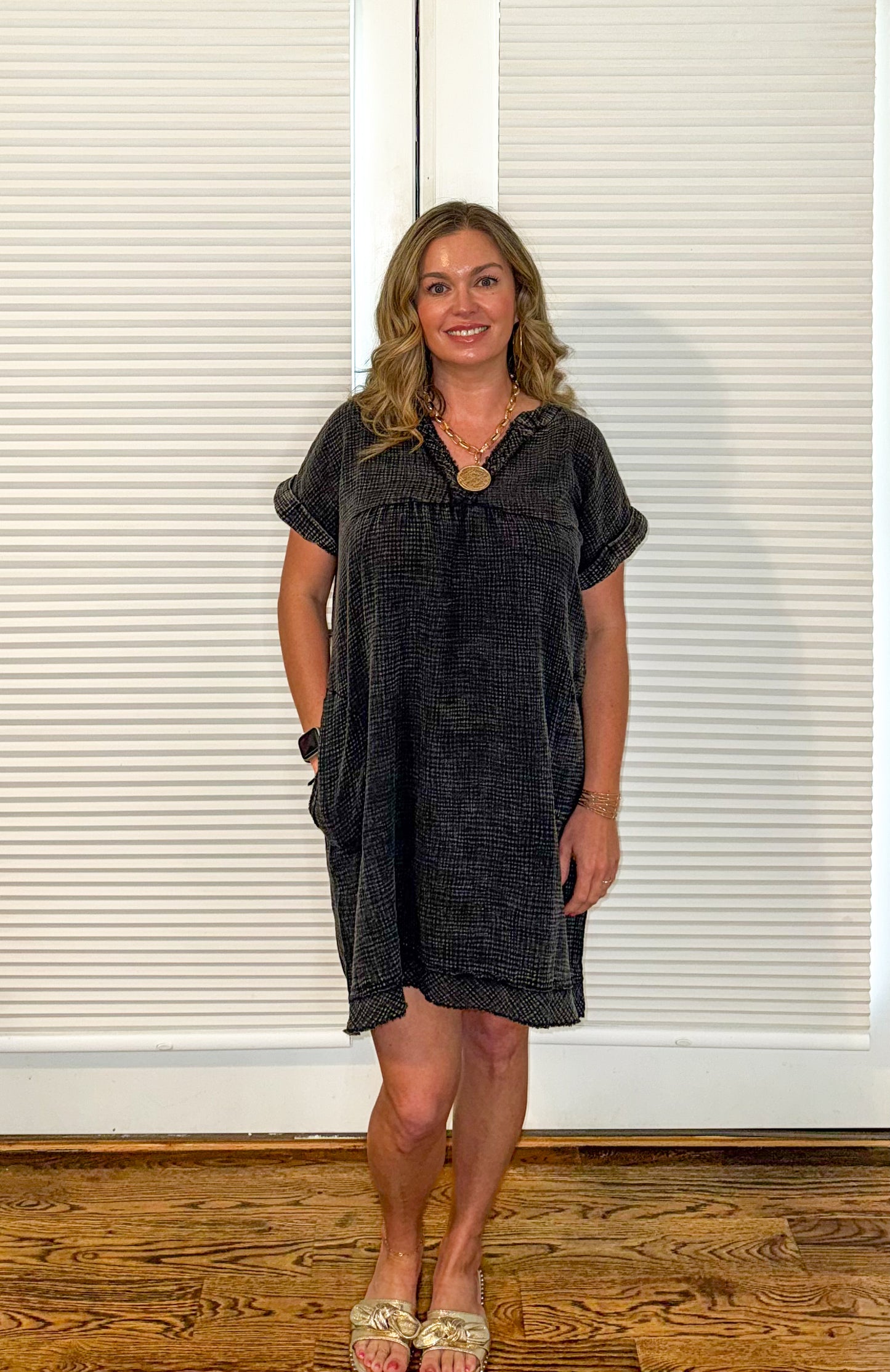 Washed Raw Hem V Neck Dress
