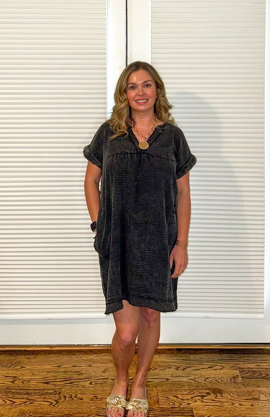 Washed Raw Hem V Neck Dress