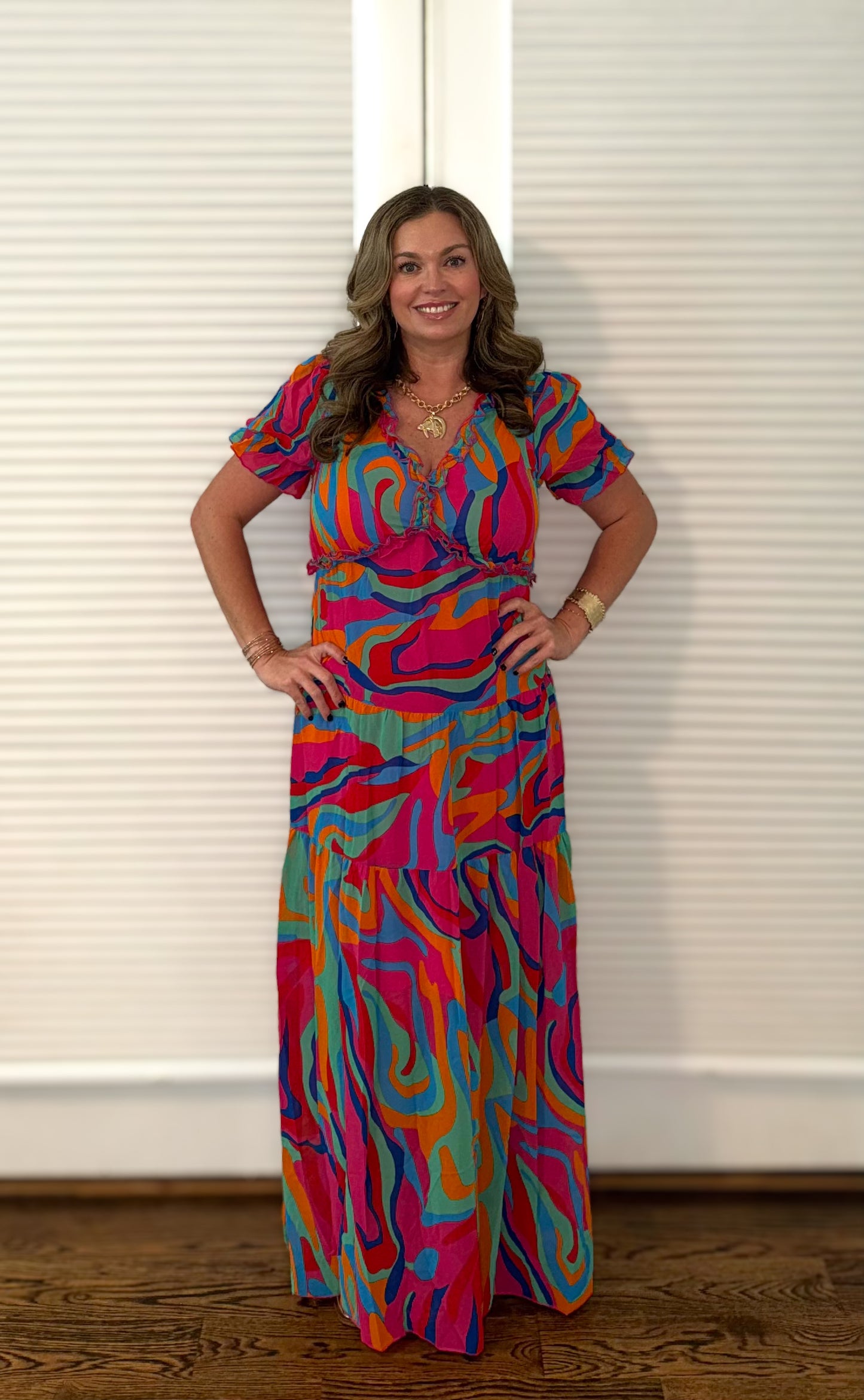 Multicolor Fiery Floral Print Neck Maxi Dress