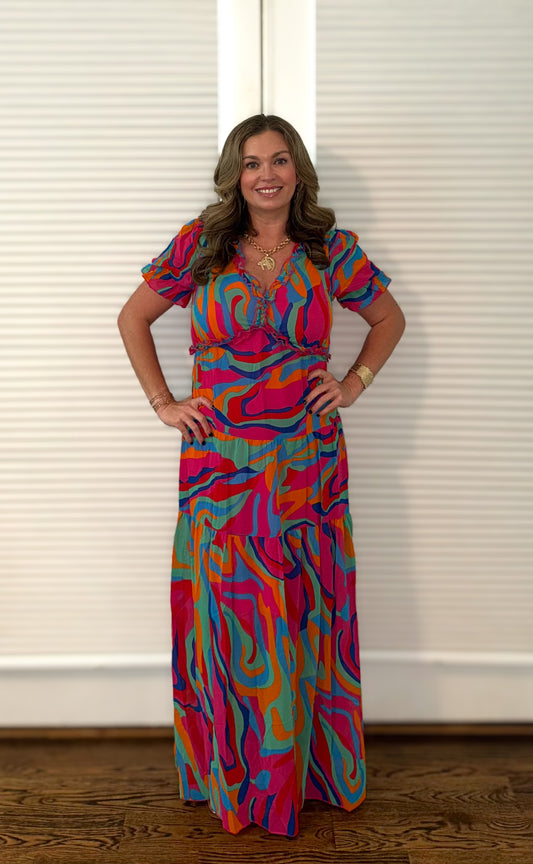 Multicolor Fiery Floral Print Neck Maxi Dress