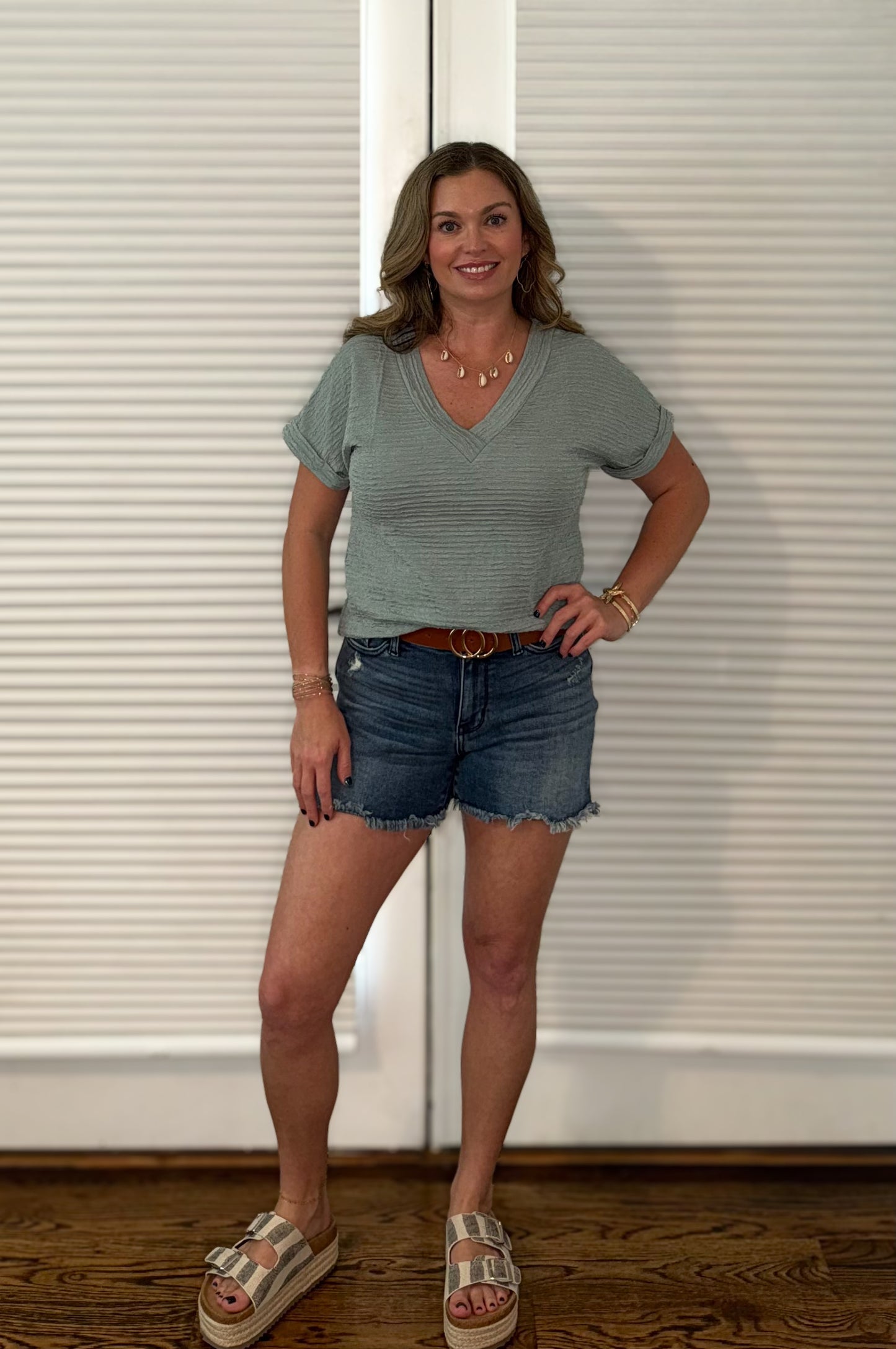 Textured Wide Sleeve V Neck Top