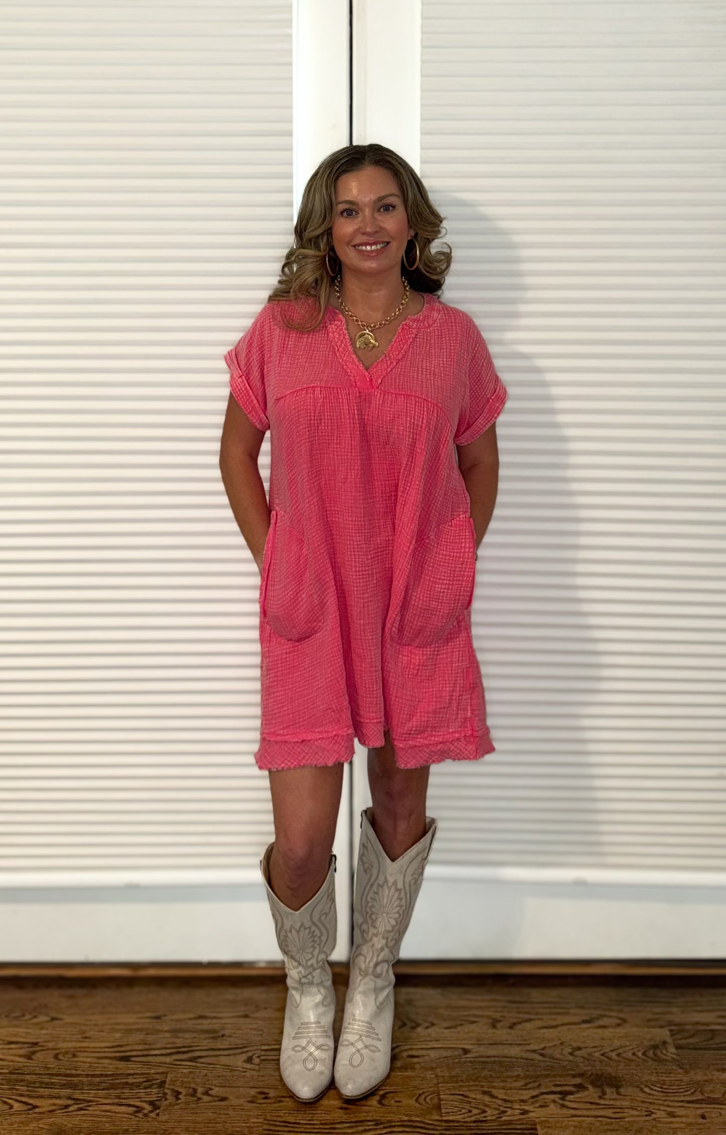 Washed Raw Hem V Neck Dress