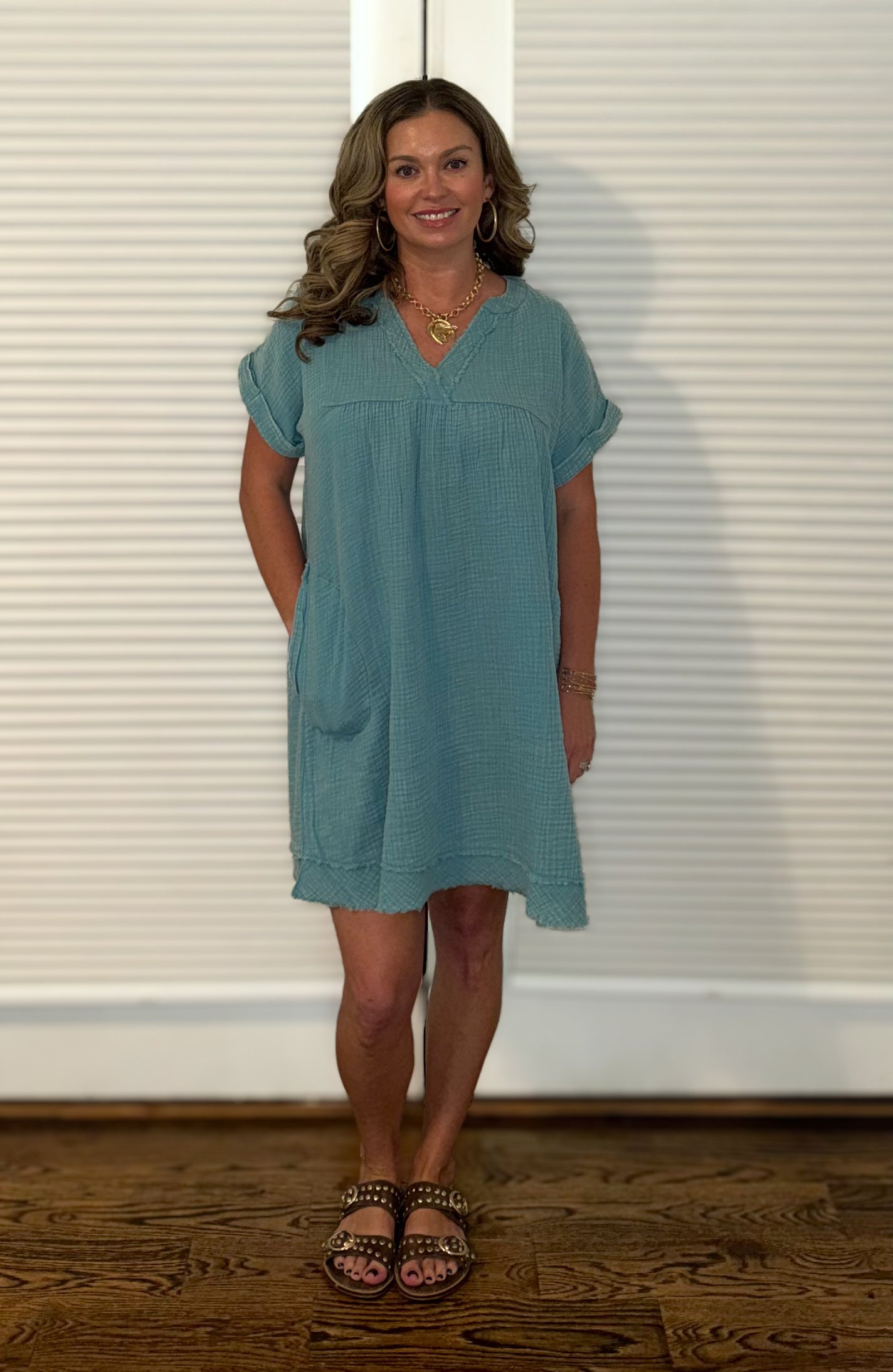 Washed Raw Hem V Neck Dress
