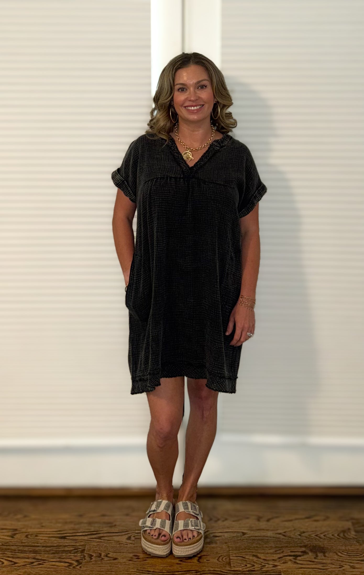 Washed Raw Hem V Neck Dress