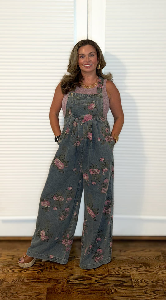 Gray Floral Print Pleated HW Overalls